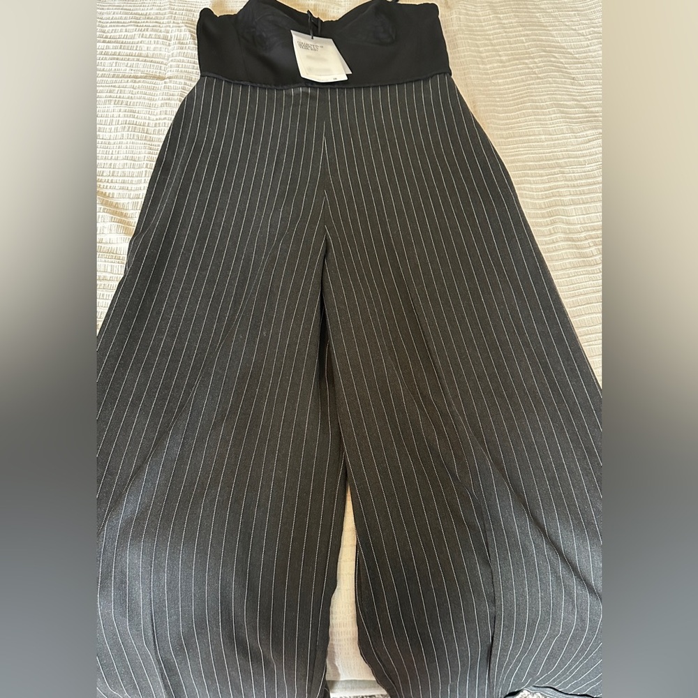 Zara Women’s Black Corset Wide Leg Jumpsuit with Black/White Pinstripes Size L